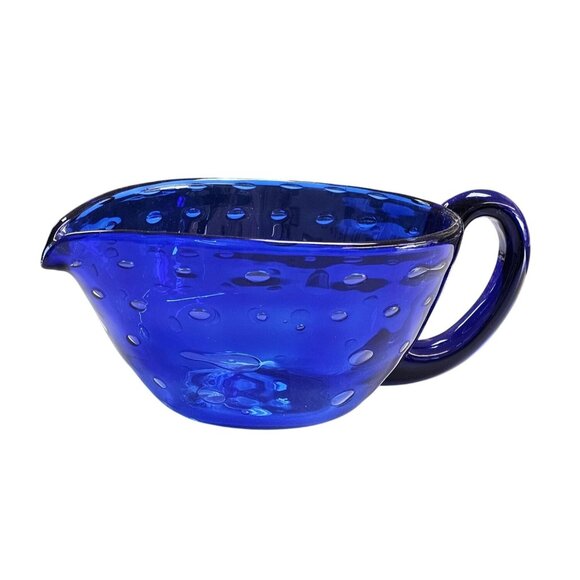 Other - Cobalt Blue Glass Gravy Boat Creamer Handblown Controlled Bubble Art